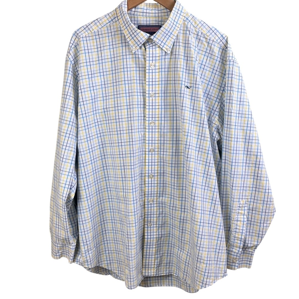 Vineyard Vines Blue Yelow Striped Whale Shirt Long Sleeve Button Collar Size XXL